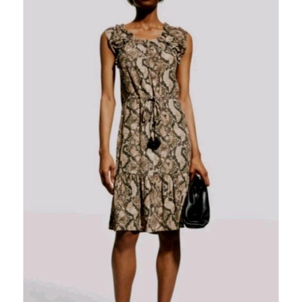 Figue Gianna Cinch Drawstring Waist Ruffle Dress Brown Snakeskin Size XS
